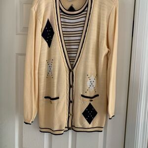 Pale Yellow Button-Front Cardigan with Navy and White Argyle Detail